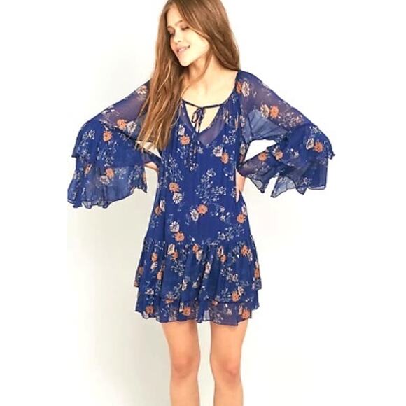 Free People Blue Floral Sheer Dress sz M Free People Sunsetter Printed Dress - Picture 1 of 9
